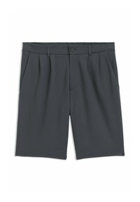 Donkergrijze shorts van een glad materiaal, met een knoopsluiting, plooien en zijzakken. Informele maar gestructureerde uitstraling.