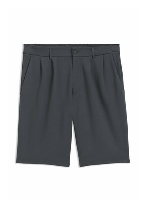 Mørkegrå shorts lavet af et glat materiale, med knaplukning, plisseringer og sidelommer. Casual men alligevel struktureret design.