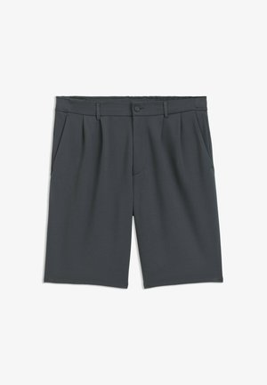 Donkergrijze shorts van een glad materiaal, met een knoopsluiting, plooien en zijzakken. Informele maar gestructureerde uitstraling.