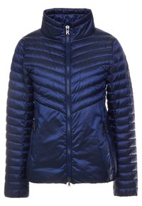 Navy blue quilted puffer jacket with a high collar, front zip closure, and two side pockets. Features horizontal and diagonal stitching patterns.