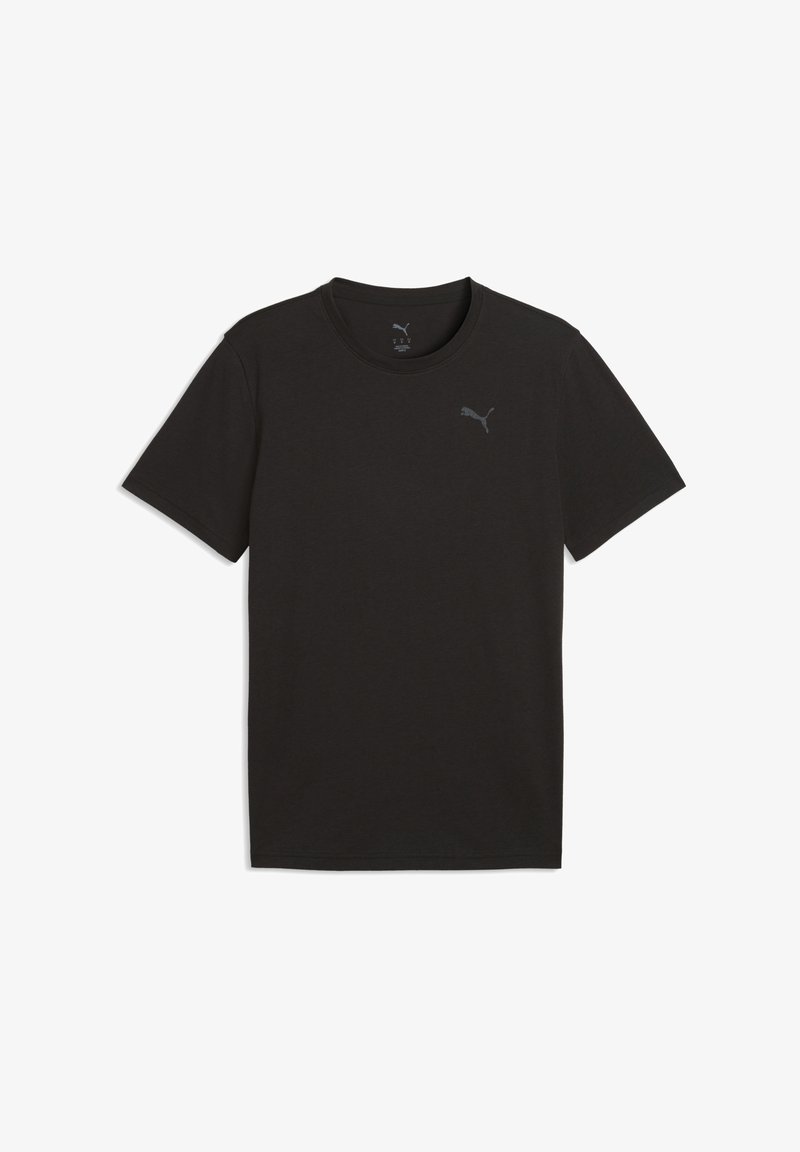 T-shirt noir à manches courtes en coton. Présente un logo Puma gris subtil sur la poitrine gauche. Design classique à col rond.