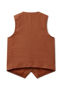 Gilet in lino color ruggine con design senza maniche, caratterizzato da un collo arrotondato e un fondo posteriore a punta per una silhouette unica.