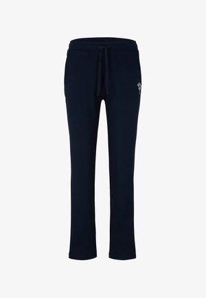 Un pantalon de survêtement bleu marine en tissu doux présente une coupe décontractée, une ceinture élastique avec un cordon de serrage et un petit logo sur la cuisse gauche.