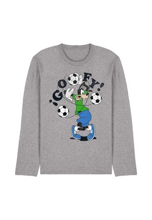 Grey long-sleeve shirt featuring Goofy in a green shirt and blue pants juggling three soccer balls with "GOOFY!" text above.