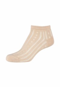 Beige enkelsok met verticale strepen en een stippenpatroon, gemaakt van textuurstof. Heeft een geribde rand voor een stevige pasvorm.