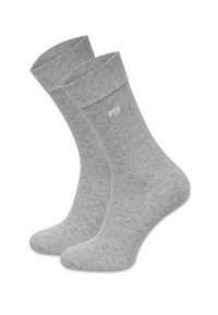 Szare bawełniane skarpetki typu crew z rypsowanym mankietem, gładką powierzchnią i subtelnym detalem logo w białym kolorze w okolicy kostki.