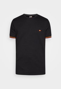 Black cotton T-shirt with short sleeves, featuring a small embroidered logo in red and yellow, and contrasting striped accents at cuffs.