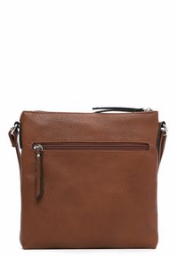 Borsa a tracolla in pelle marrone con superficie testurizzata, tasca anteriore con zip, minuteria in argento e tracolla regolabile.