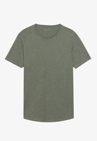 Korte-mouw crewneck t-shirt in olijfgroen, gemaakt van zacht, gestructureerd materiaal met een licht verlengd zoom en een minimalistisch ontwerp.