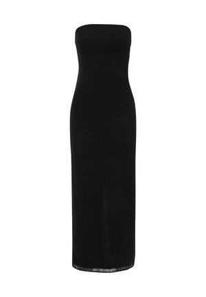 Vestido largo negro sin mangas con una silueta ajustada, tejido texturizado con pequeños puntos en relieve y un dobladillo recto. Acabado suave.