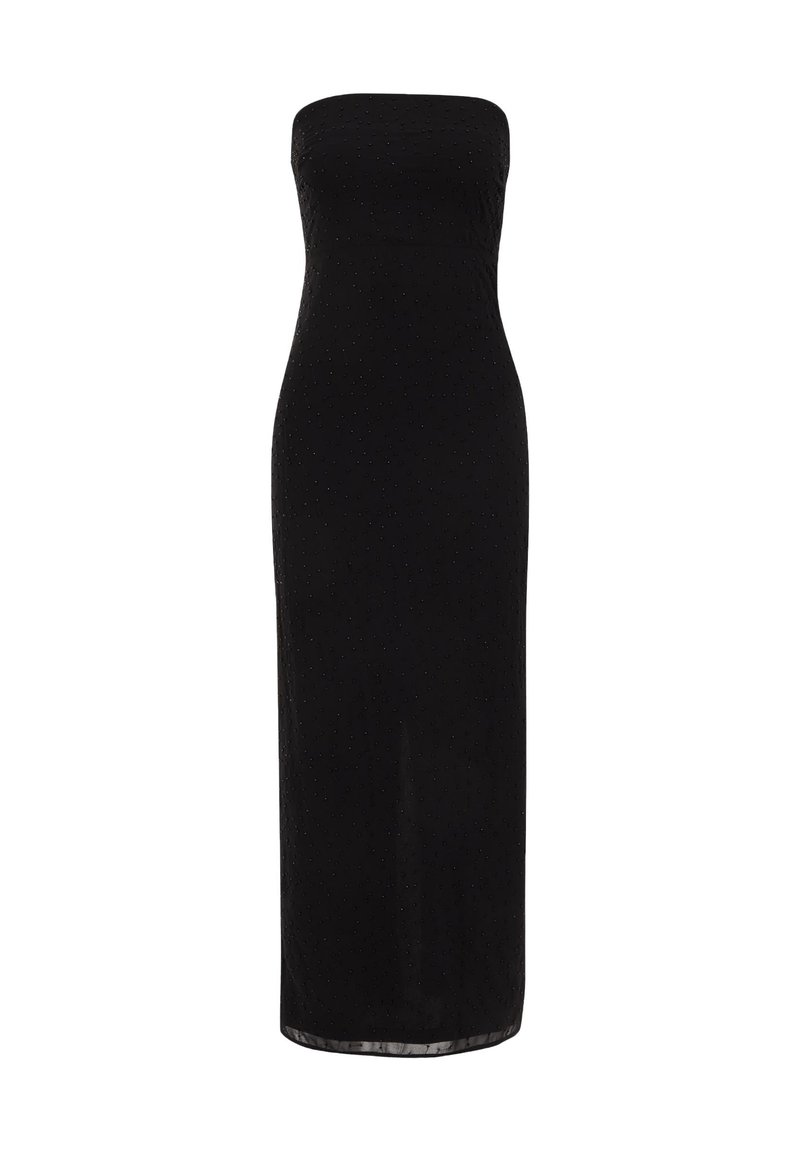 Vestido largo negro sin mangas con una silueta ajustada, tejido texturizado con pequeños puntos en relieve y un dobladillo recto. Acabado suave.