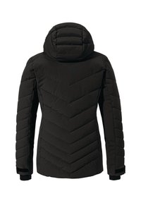 Schwarze isolierte Jacke mit einem Zickzack-Steppmuster, einer einstellbaren Kapuze und elastischen Bündchen. Hergestellt aus wasserabweisendem Material.