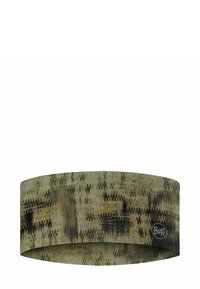 Cinta para la cabeza con estampado de camuflaje, hecha de tela elástica, que presenta tonos de verde, marrón y negro, con una textura suave y un logo de Buff.