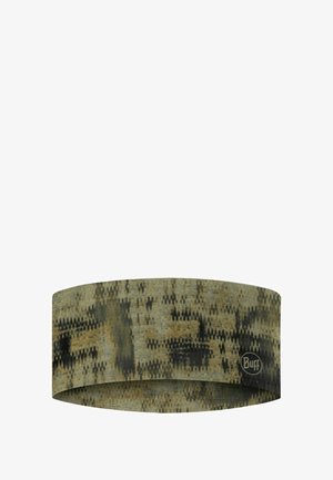 Cinta para la cabeza con estampado de camuflaje, hecha de tela elástica, que presenta tonos de verde, marrón y negro, con una textura suave y un logo de Buff.