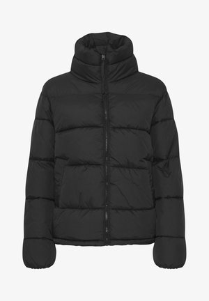 Black puffer jacket with a high collar, front zipper, and boxy silhouette. Features stitched panels and ribbed cuffs for added warmth.