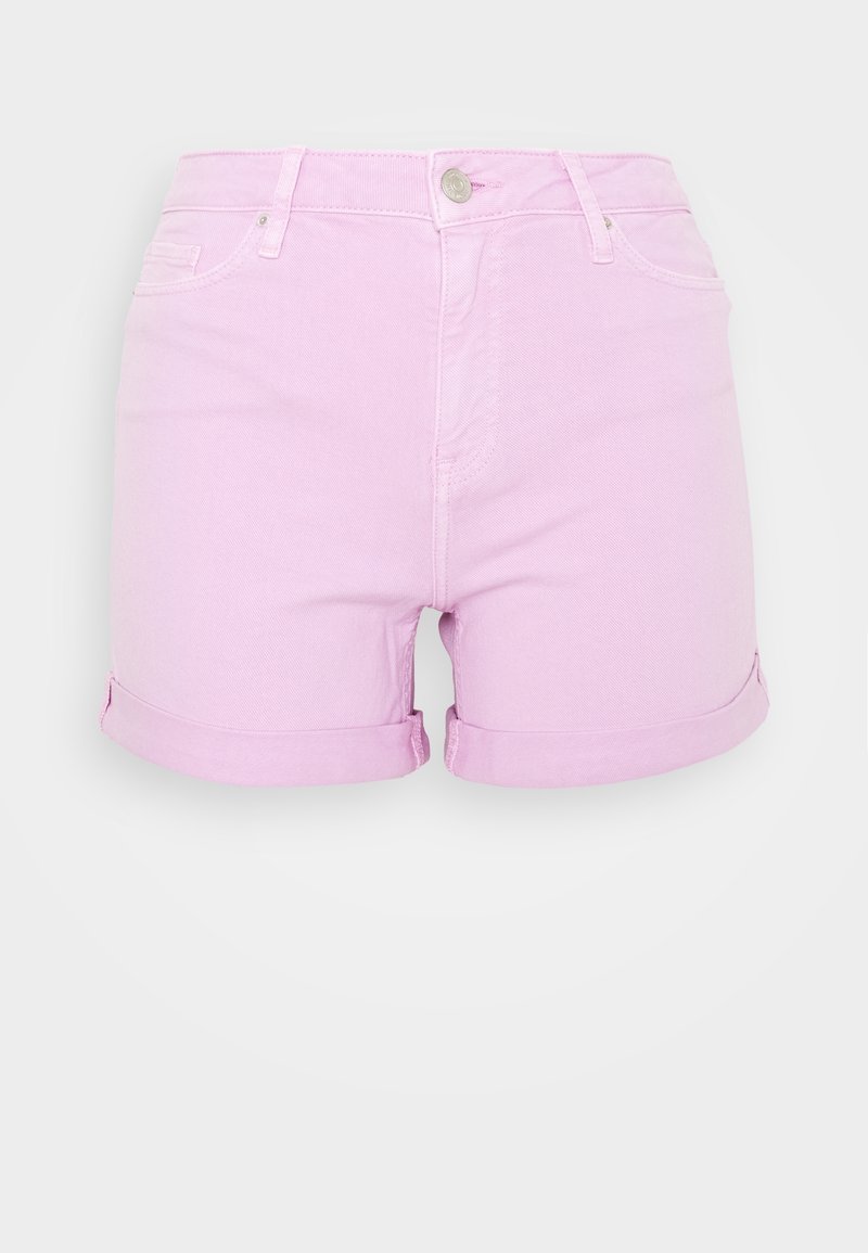 Shorts de mezclilla morados con puños enrollados, diseño estándar de cinco bolsillos, cierre de botón metálico y textura sutil.
