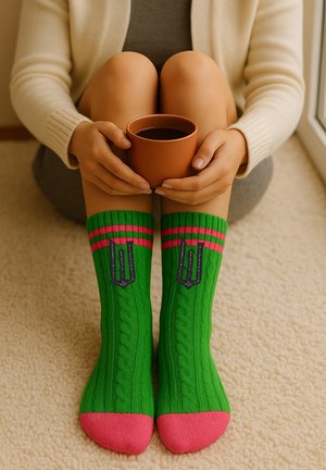 Person sitting with knees up, wearing bright green and pink socks, holding a brown cup of dark beverage on a beige carpet.