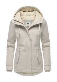 Vaaleanbeige naisten huppari talvitakki, jossa on edessä vetoketju, nyöritettävä huppu ja läppätaskut, suunniteltu kylmiin säihin.