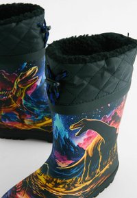 Bottes étanches noires ornées de motifs colorés de dinosaures et de montagnes. Tige matelassée avec doublure en fourrure ; dispose de lacets réglables pour un ajustement sécurisé.