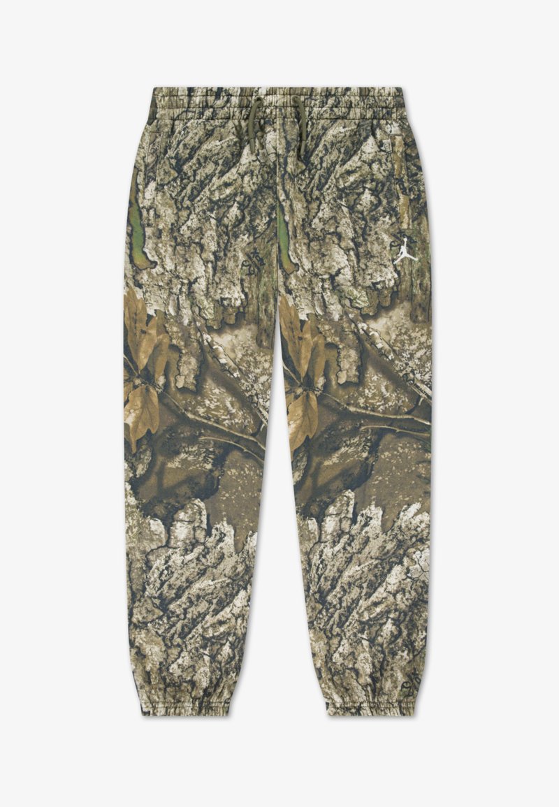 Maskovacie jogger nohavice s farbami v zemských odstupňoch a textúrovaným vzorom kôry a listov. Elastický pás so sťahovacími členkami. Obsahuje logo Jordan.