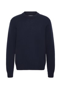 Granatowy sweter dzianinowy, okrągły dekolt, długie rękawy, prążkowane mankiety i dół, jednolita faktura, bez wzorów, casualowy styl.