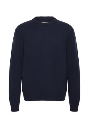 Maglione lavorato a maglia blu navy, collo a giro, maniche lunghe, polsini e orlo a coste, texture uniforme, senza motivi, design casual.