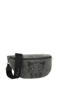 Marsupio grigio in suede sintetico con un design di faccia di leopardo nera, zip sulla parte superiore e tracolla nera regolabile.