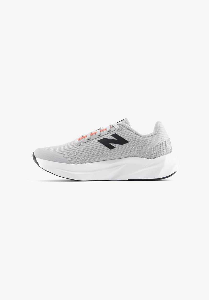 Light gray athletic shoe with textured knit upper, black side logo, red accents on the lacing, and a cushioned white sole.