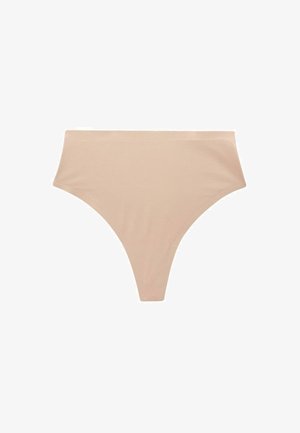 Nude hooggesneden string gemaakt van zachte stof, met een gladde textuur en een minimalistisch design zonder zichtbare patronen of accenten.