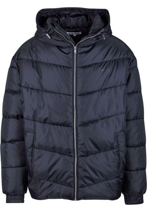 Schwarze Pufferjacke mit Kapuze, mit einem Reißverschluss vorne, gestepptem Design und elastischen Bündchen. Enthält Seitentaschen und hat eine glatte Oberfläche.
