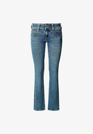 Zili džinsi ar platu apakšu, ar augstu jostasvietu, divām priekšējām kabatām un kontrastējošiem šuvju izšuvumiem.