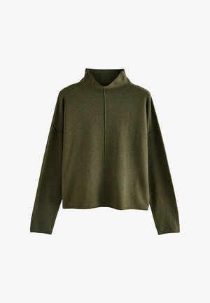 Olijfgroene trui met hoge kraag, afgezakte schouders en een losse pasvorm. Gemaakt van een zachte, gestructureerde stof met een rechte zoom.