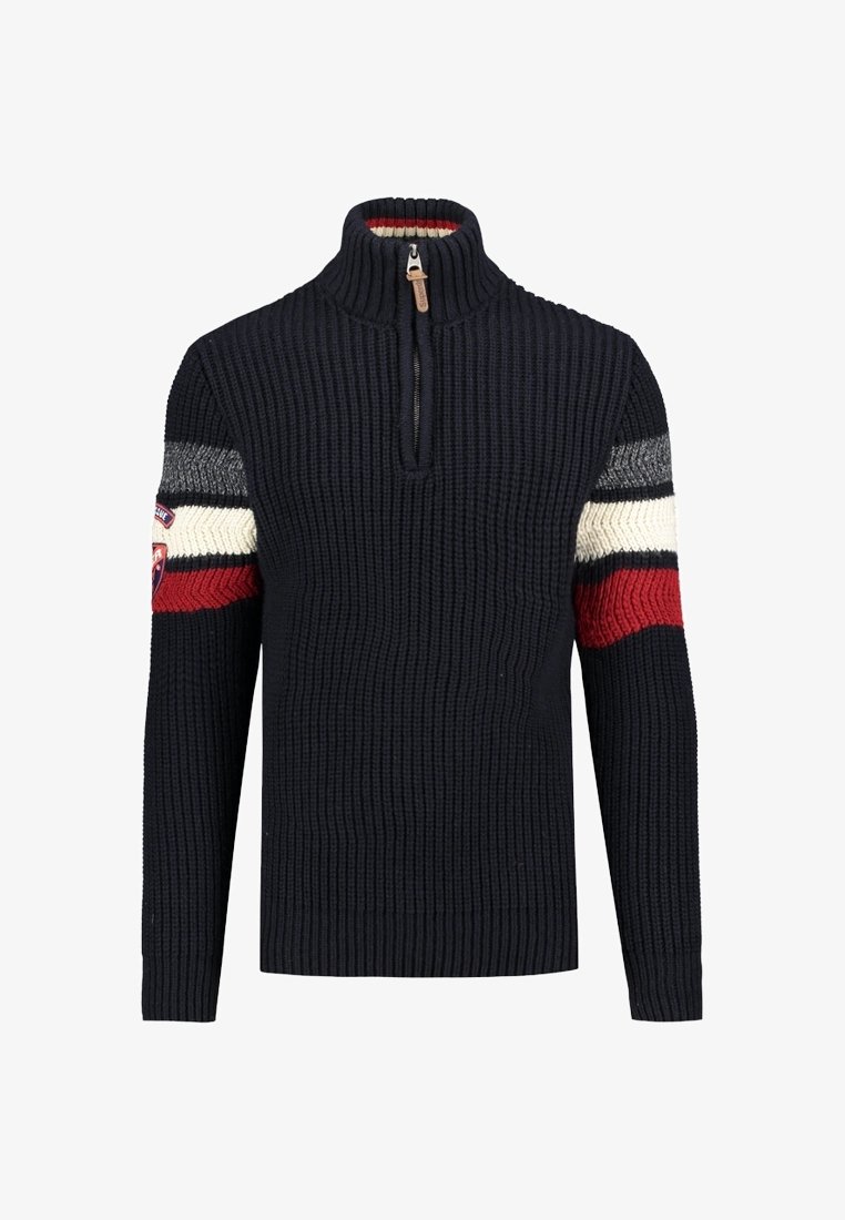 Námořnický pletený svetr s polo zipem, s šedými, bílými a červenými pruhovanými detaily na rukávech a s logem na levém rukávu.