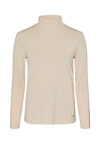 Beige Langarm-Turtleneck-Shirt mit schmaler Passform und kleinem Logo-Detail am unteren Saum auf weißem Hintergrund.