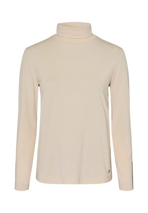 Beige Langarm-Turtleneck-Shirt mit schmaler Passform und kleinem Logo-Detail am unteren Saum auf weißem Hintergrund.