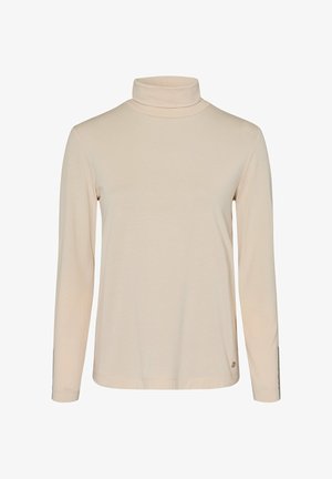 Beige sweatshirt met lange mouwen en col, smalle pasvorm en klein logo detail nabij de onderrand op een witte achtergrond.