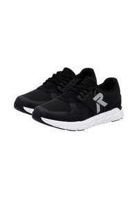 Black athletic shoes with mesh and synthetic upper, white sole, and laces. Features a logo accent and a textured surface.