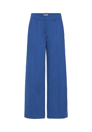 Pantalon bleu à jambes larges avec pli frontal, passants de ceinture et taille haute, présenté sur un fond blanc.