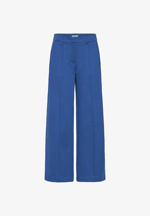 Pantaloni azzurri a gamba larga con piega frontale, passanti per cintura e vita alta, mostrati su sfondo bianco.