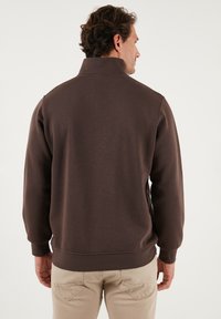 Bruine sweatshirt met een hoge kraag en ribgebreide manchetten, met een gladde textuur en een relaxed fit, gezien vanaf de achterkant.