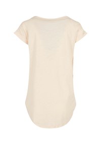 Beige short-sleeve t-shirt with a round neckline and slightly rounded hem, displayed from the back on a white background.