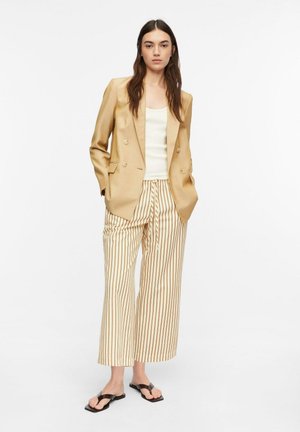 Junge Frau steht mit Händen in den Taschen, trägt einen beigen Blazer, ein weißes Top, gestreifte weite Hosen und schwarze Sandalen vor weißem Hintergrund.