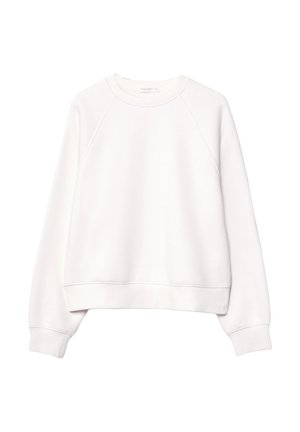 Weißes, weiches Baumwoll-Sweatshirt mit Rundhalsausschnitt, Raglanärmeln und geripptem Saum. Hat eine glatte Textur und schlichtes Design.