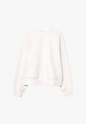 Weißes, weiches Baumwoll-Sweatshirt mit Rundhalsausschnitt, Raglanärmeln und geripptem Saum. Hat eine glatte Textur und schlichtes Design.