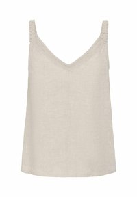 Haut en lin beige sans manches avec col en V et bretelles froncées aux épaules, coupe ample, texture unie.