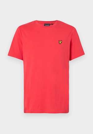 Red cotton t-shirt with short sleeves, featuring a small yellow embroidered logo on the left chest. Classic crew neck design.