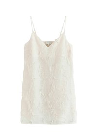 Rochie albă fără mâneci, cu decolteu în V, material texturat cu modele în relief, bretele reglabile și croială lejeră.