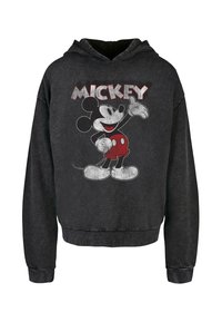 Černá mikina s kapucí, na které je grafika myšáka Mickeyho s červeným a bílým akcentem, vyrobená z jemně texturované látky.
