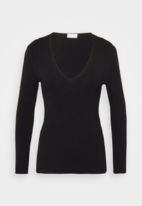 Schwarzer Pullover mit langen Ärmeln, V-Ausschnitt-Design, aus geripptem Strickstoff gefertigt. Besitzt eine figurbetonte Silhouette, glatte Textur und saubere Kanten.