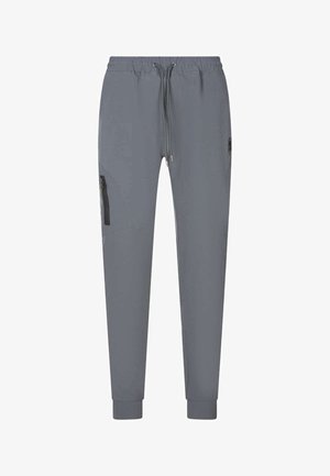 Pantalones jogger ligeros y grises con cintura elástica, cordón ajustable y bolsillos con cremallera laterales; textura suave y diseño de pierna estrecha.